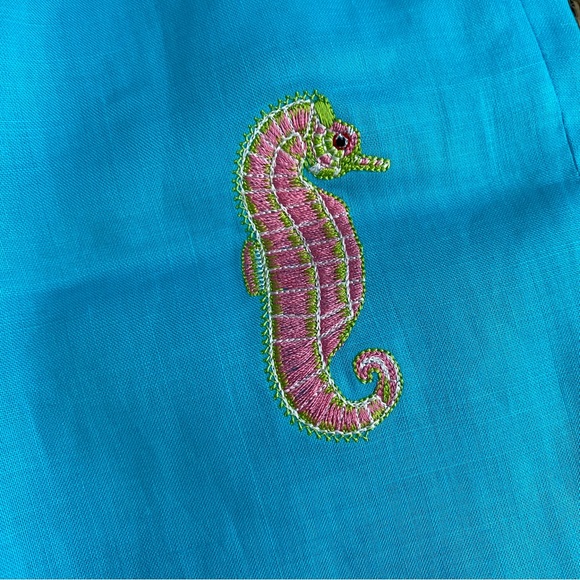 CJ LAING 100% Linen Pants Aqua with Embroidered Seahorses 14 - Picture 2 of 3
